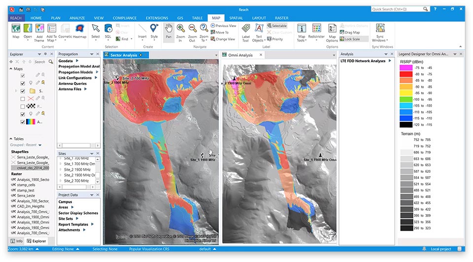 iBwave Reach side-by-side views comparing between different network simulations