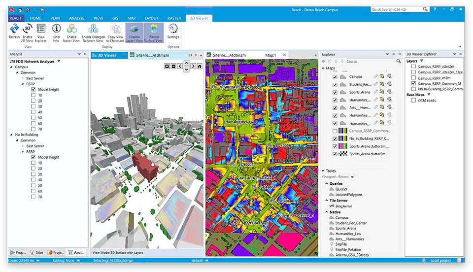 iBwave Reach side-by-side windows showing the 3D building views and macro penetration